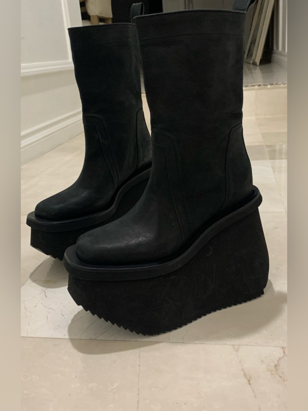 Rick Owens Factory Suede Platform Mid-Calf Boots Size 41